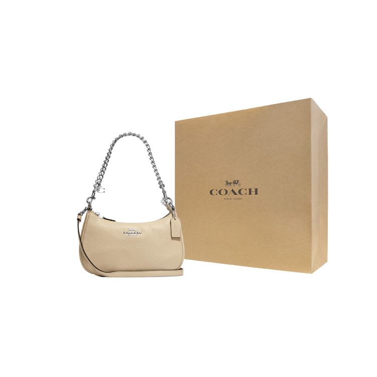 Coach Teri 24 Metal Logo Imprint Zipper Closure Pebble Leather Handbag Women handbag Ivory CE556-SVIY
