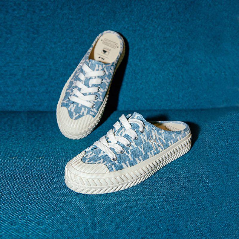 MLB Playball Mule Mono Denim Lace Up Slip Resistant Abrasion Resistant Low Top Canvas Shoes Unisex Blue 32SHSD111-50U