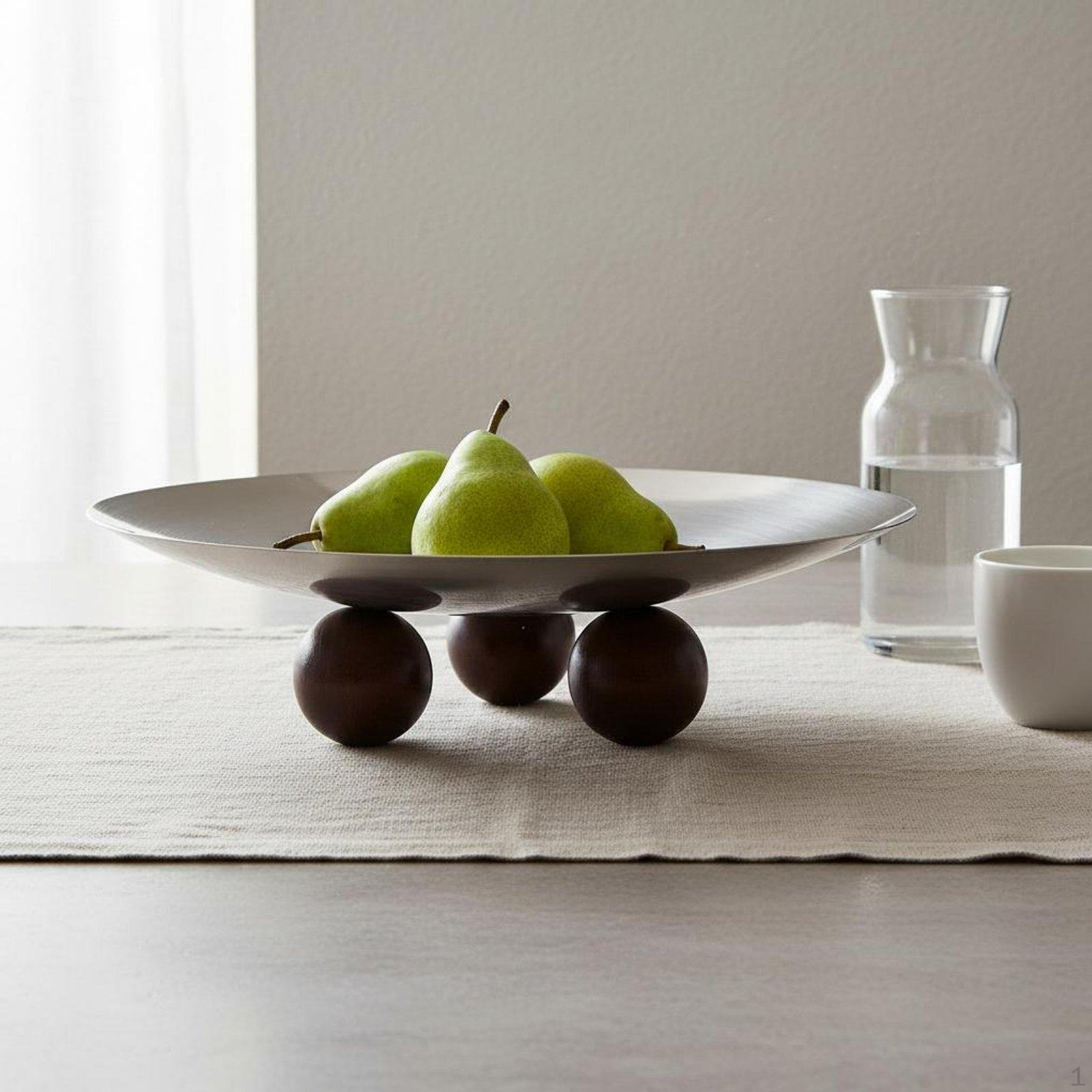 Metal Plate with Wood Spherical Feet Modern Minimalist Design Round Decorative Tray Arctic Aesthetic
