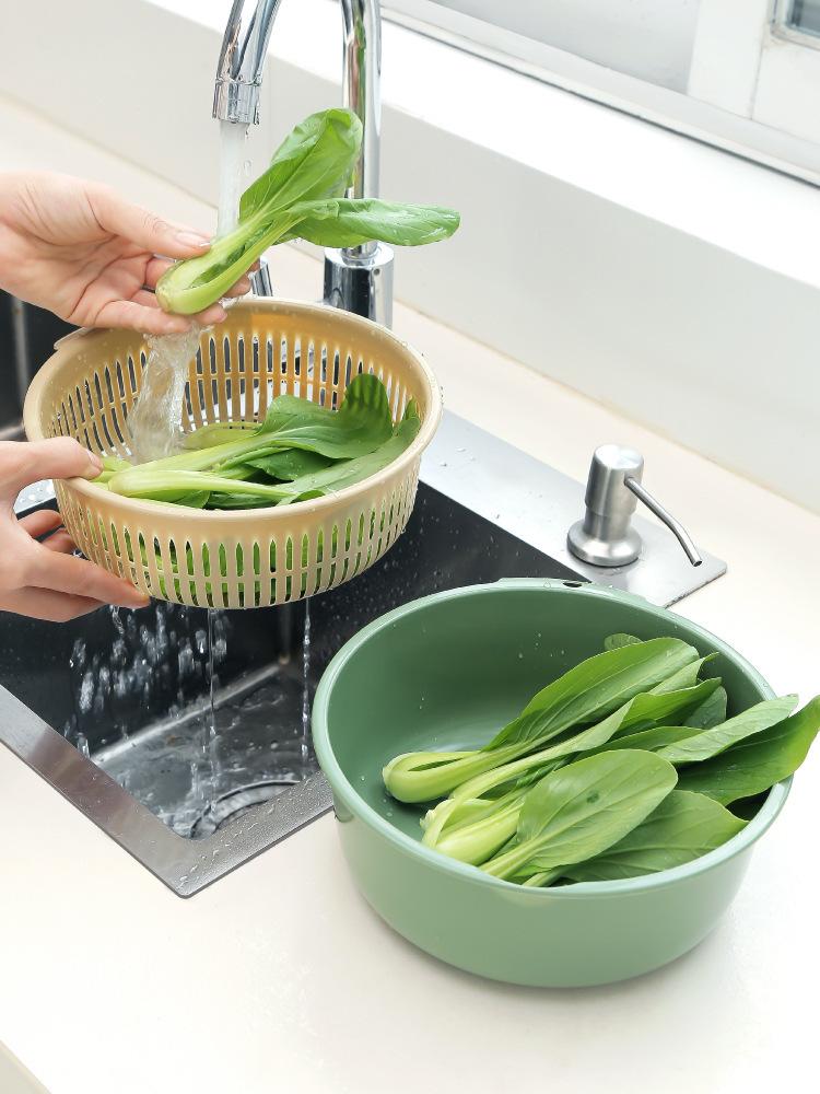 Vegetable Basin Plastic Double-Layer Drain Basket Leaky Basin Rice Vegetable Blue Vegetable Basin Household Kitchen Fruit Plate