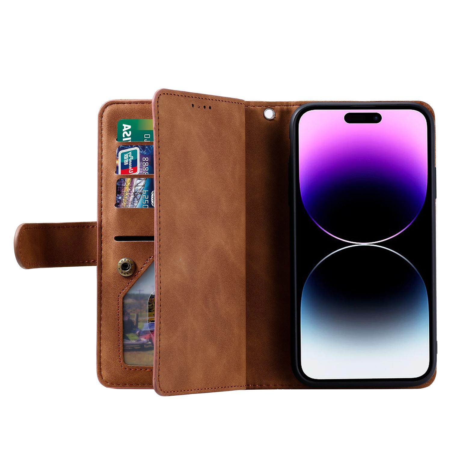 

For iPhone 16 Pro Case PU Leather Phone Cover with Zipper Pocket 9 Card Slots Brown