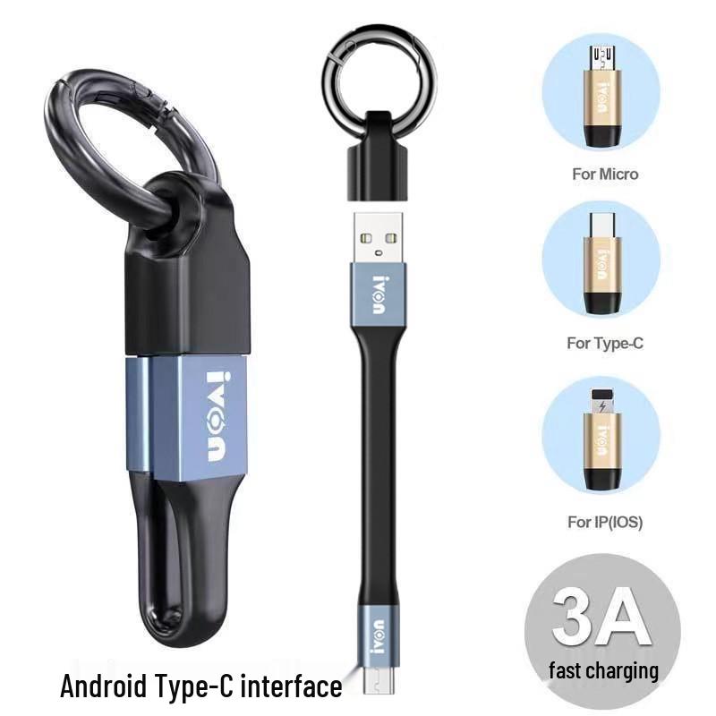 Portable 3-in-1 Keychain Charger: Short Fast Charging Cable for Apple, Android, Type-C Phones.