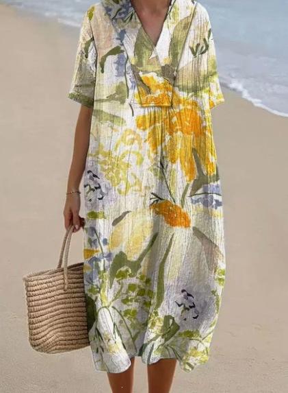 New Imitation Cotton Large Size Women's Shirt Short Sleeve Dress Ocean Vacation Company