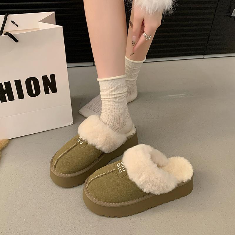 Women's soft bottom large size thickened winter warm fur one padded lining ankle boots non-slip Baotou cotton fur slippers