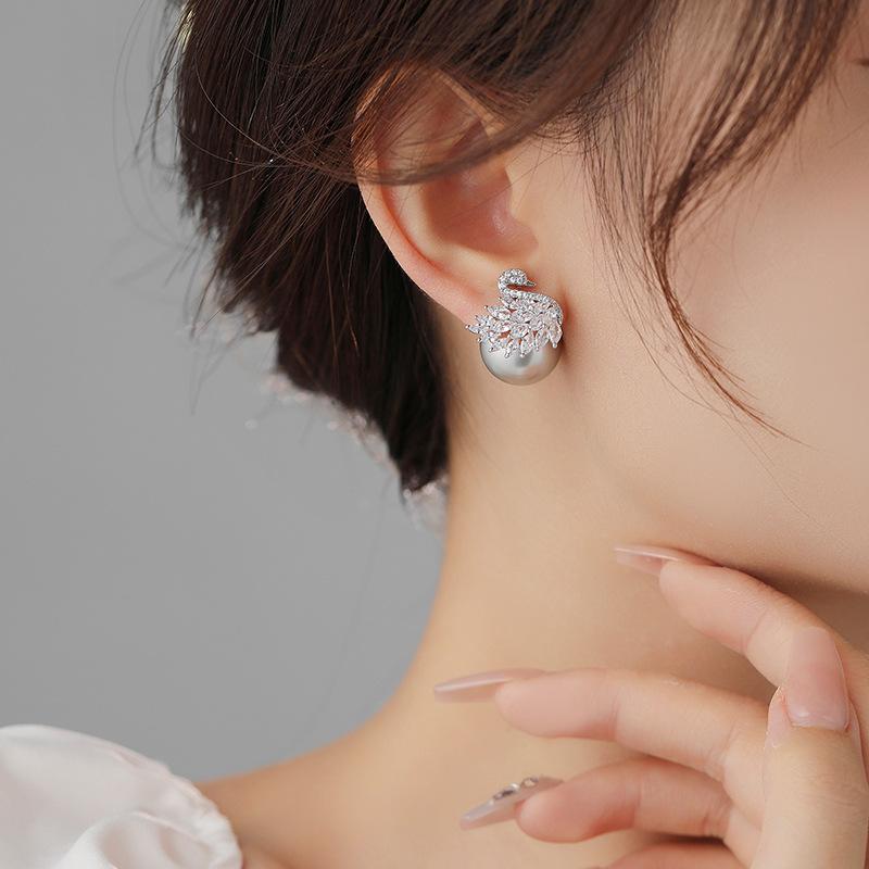 Swan full diamond zircon pearl stud earrings luxury high-end earrings S925 silver needle fashion personalized earrings women