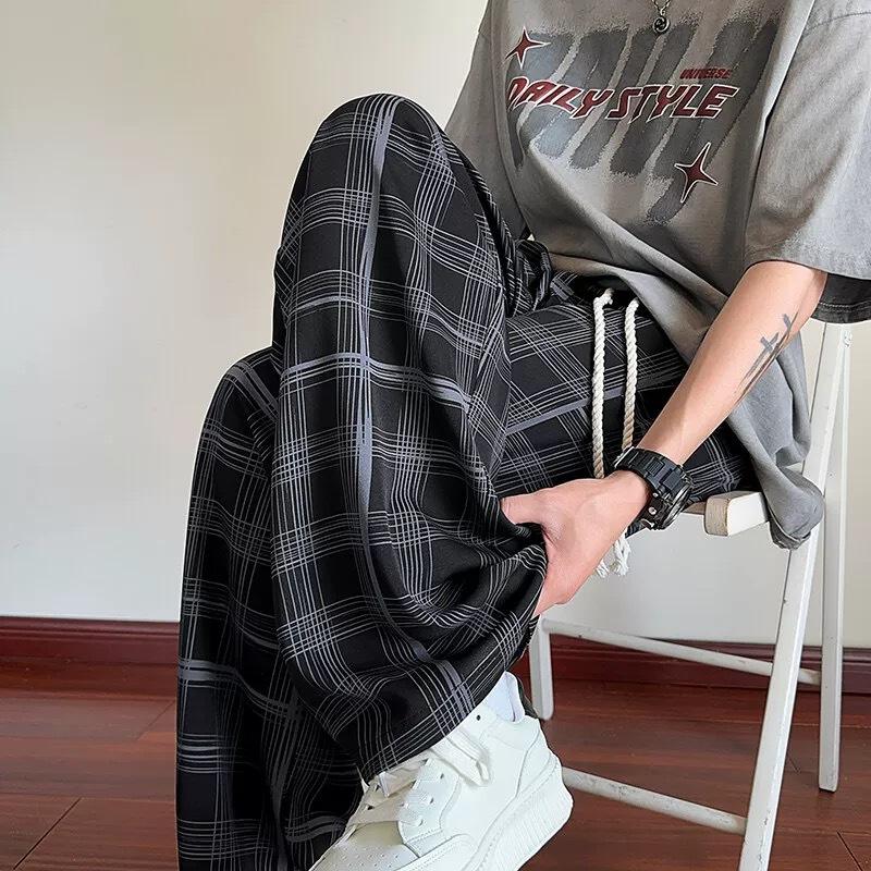 Plaid Ice Silk Pants Men's Summer New Loose Straight Pants Men's Breathable Cool Trousers Thin Quick-drying Pants Men's