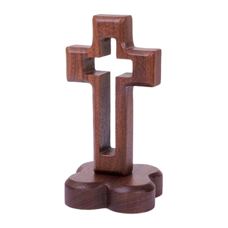 Church Altar Crucifix Statue Walnut Wood Hollow Standing Crosses Ornament with Magnetic Base for Easters Ceremony Decors
