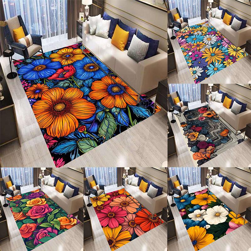 Color Flowers Retro Bohemian Style Carpet Living Room Sofa Bedroom Kitchen Entrance Door Mat Non-Slip Washable Home Decor Rug