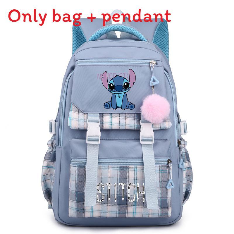 Cute Girl Backpack For School With Stitch Print And Checkered Patchwork Design For Middle School Students