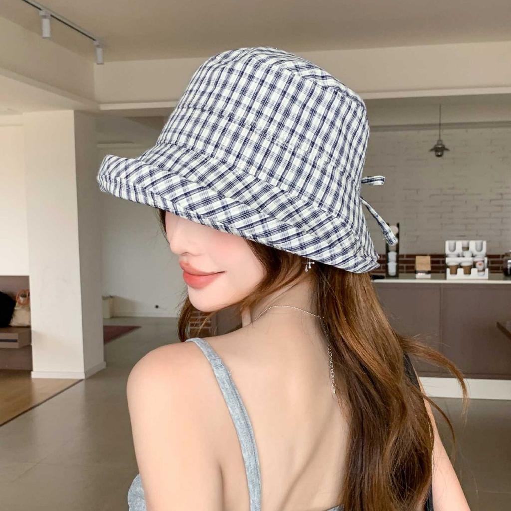 Spring and summer new simple plaid sunshade bucket hat women's casual versatile face small foldable big brim sunscreen hat tide