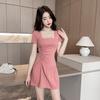 Square neck dress women's French slim fit summer new regular pleated temperament versatile waist skirt black
