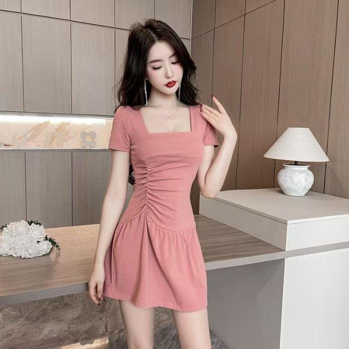 Square neck dress women's French slim fit summer new regular pleated temperament versatile waist skirt black