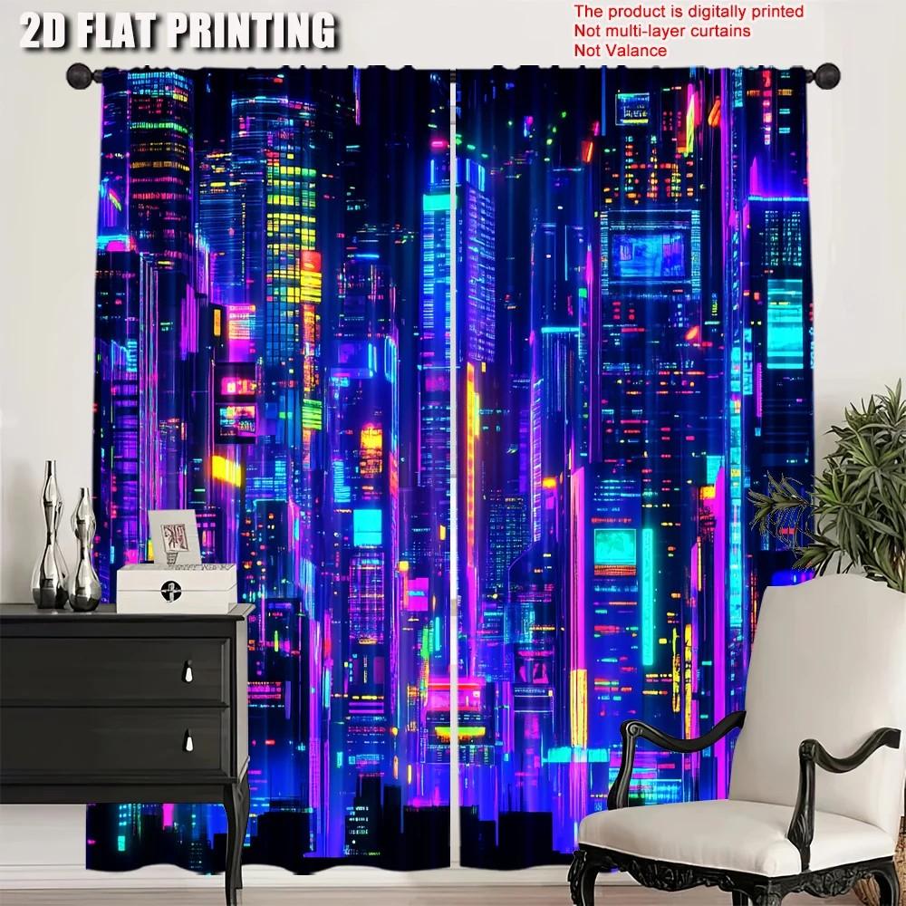Vibrant Cityscape Window Curtains Polyester Living Room Decor Darkening Set Of 2 Made With Rod Pocket Great