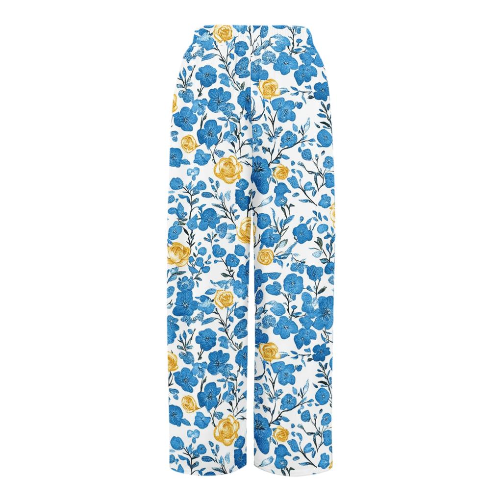 Women's Loose Casual Floral Print Wide Leg Pants With Elastic Waist Drawstring And Pocket Pants