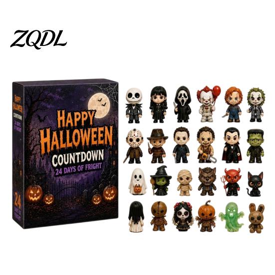 Festlig skrivbordsdekoration Halloween Nedräkningskalender 2026, 24 Dagar Nedräkning med 2D Platta Familjespel Akryl Miniatyrfigurer, Samlarbar Överraskning