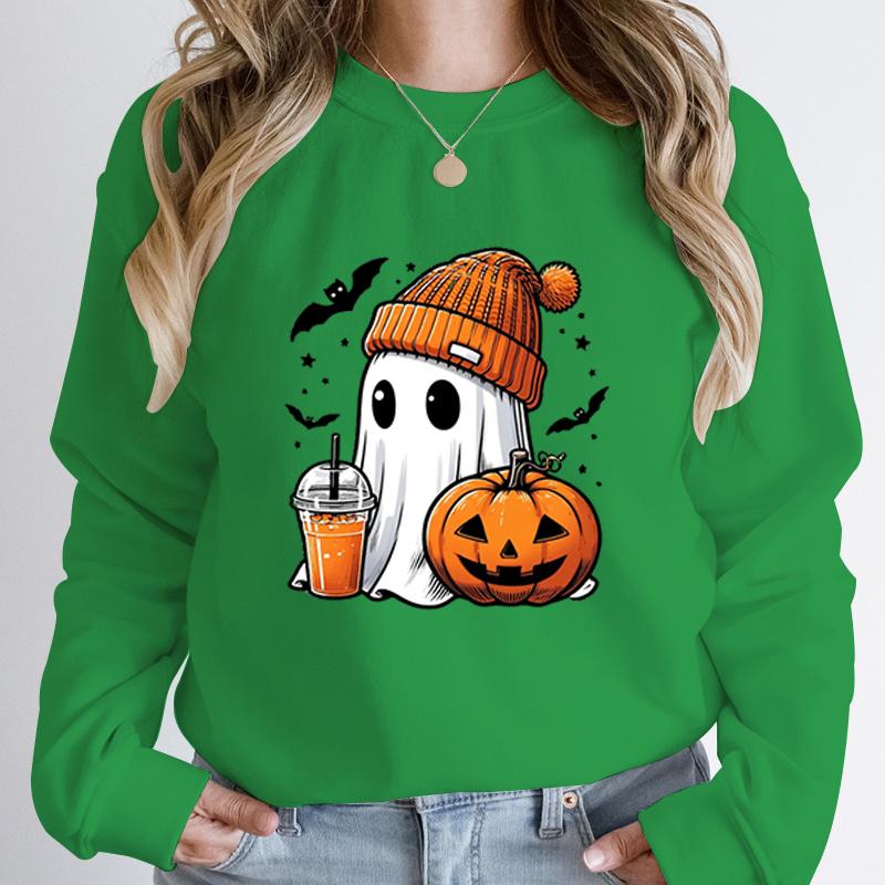 Women Fashion Creative Halloween Ghost Pumpkin Bat Print Pullovers Ladies Long Sleeves Halloween Hoodeless Sweatshirts
