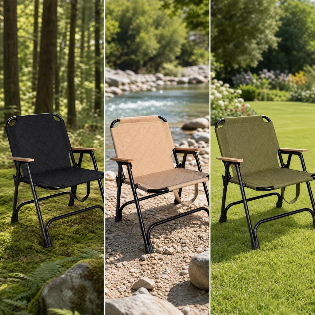 Portable Camping Chair with Wooden Armrests Supportive Padded Folding