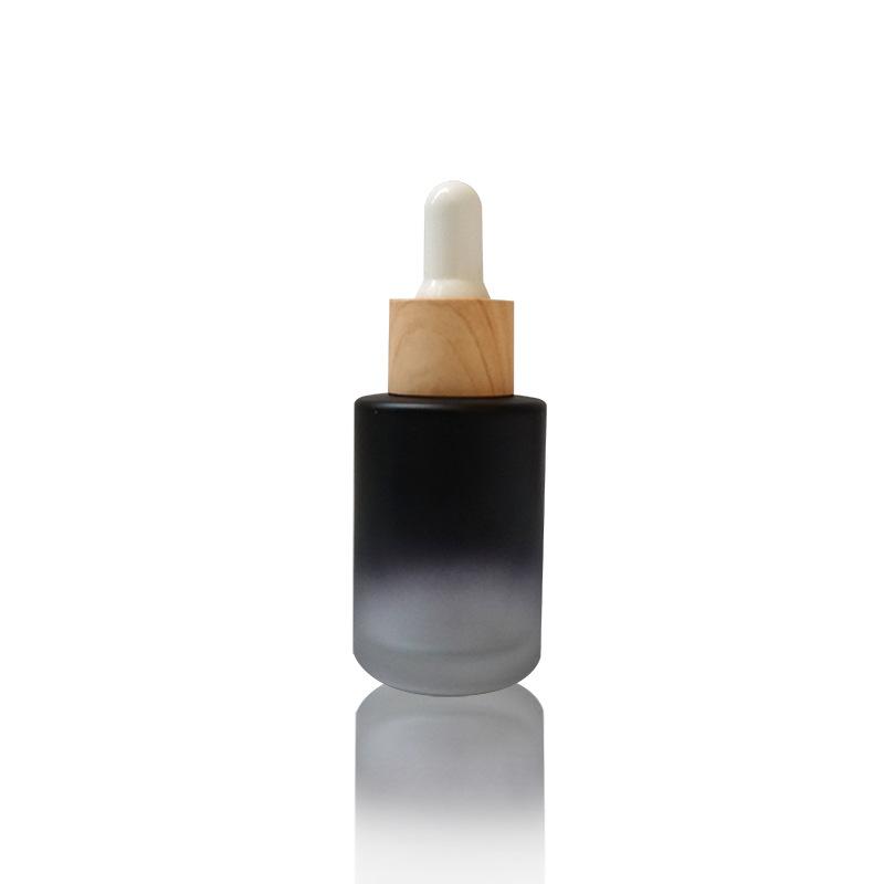 30ML Matte Frosted Black Glass Liquid Essential Oil Perfume Bottle with Reagent Dropper and Wood Grain Cap Packing Bottles