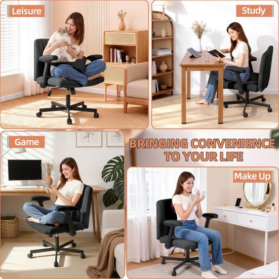 Cross-Legged Office Chair with Wheels & Adjustable Flip-up Arm, Desk Chair with Backrest, Thick Cushion, Wide Seat, Computer Chair for Home, Office,