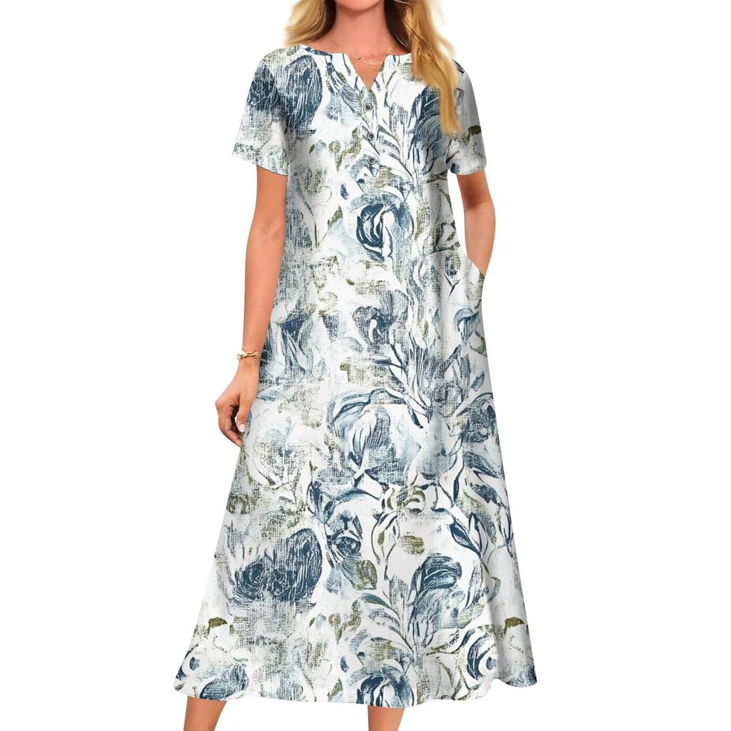 Abito scampanato a maniche corte con scollo a V stampato casual estivo da donna