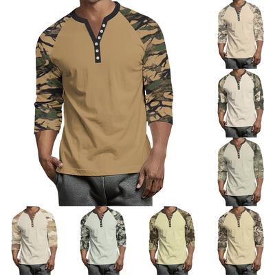 Men's Button-Down Contrast Raglan 3/4 Sleeve Top