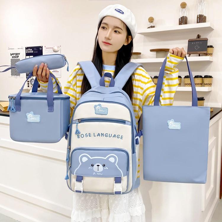 New Student Schoolbag Cute Cartoon Backpack Simple Lightweight Large Capacity Backpack Four-piece Set for Primary and Secondary Schools