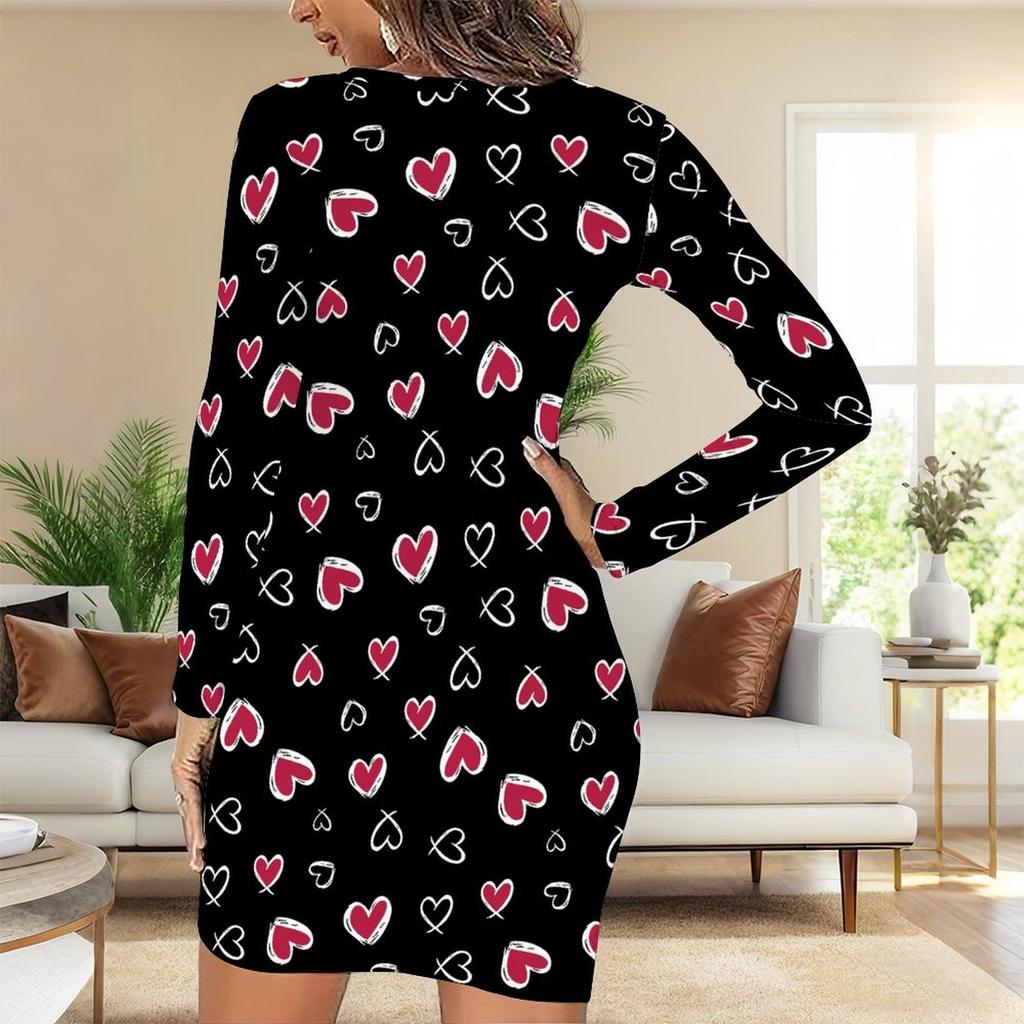 Podzim a zima 2025 Nové dámské módní šaty s 3D potiskem a barvením s motivem srdce, s dlouhým rukávem, kulatým výstřihem, obepínající boky, limitovaná edice ke Dni svatého Valentýna