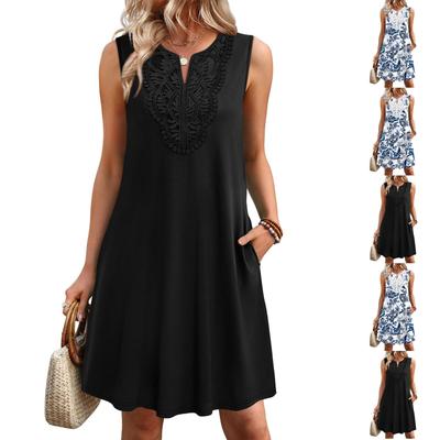 Sleeveless Floral Print Dress with Lace and V Neckline Casual Loose Fit Summer Sundress for Women