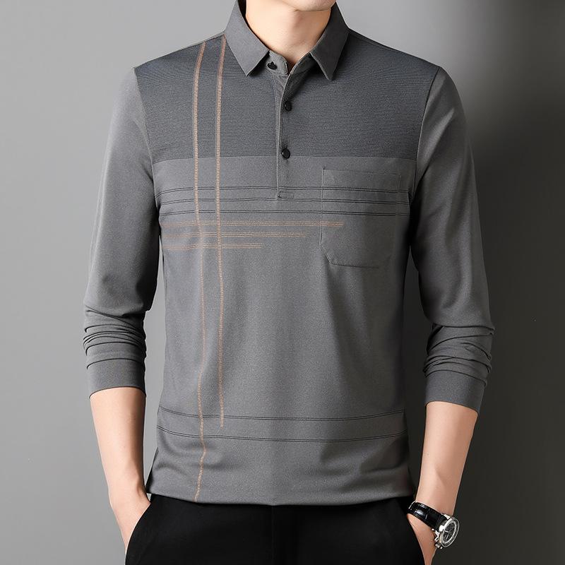 Men'S Long-Sleeved Polo Shirt Men'S Striped Lapel Collar T-Shirt Medium Casual Belt Pocket Top