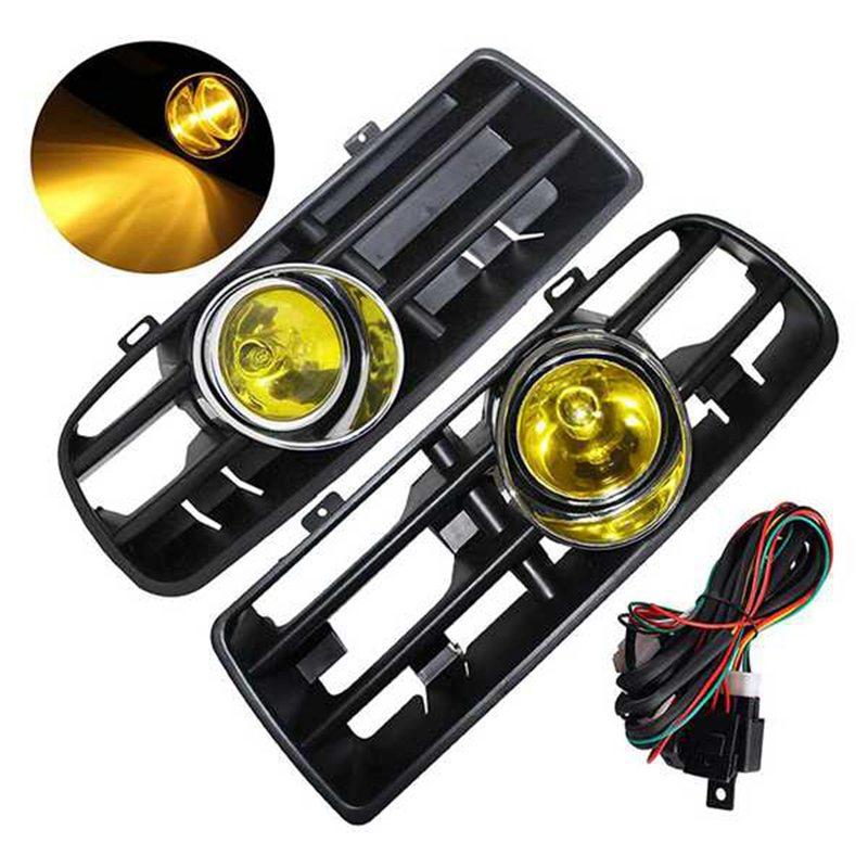 1 Pair Front Bumper Grill Lamp Grill Fog Lights Grille LED Lamp With Wire Kit Yellow For Golf MK4 1998-2004