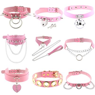 2021 Punk Pink Color PU Leather Choker Necklaces Spike Rivet Collar Studded Sexy Collar Body Gothic Party Chains Cosplay