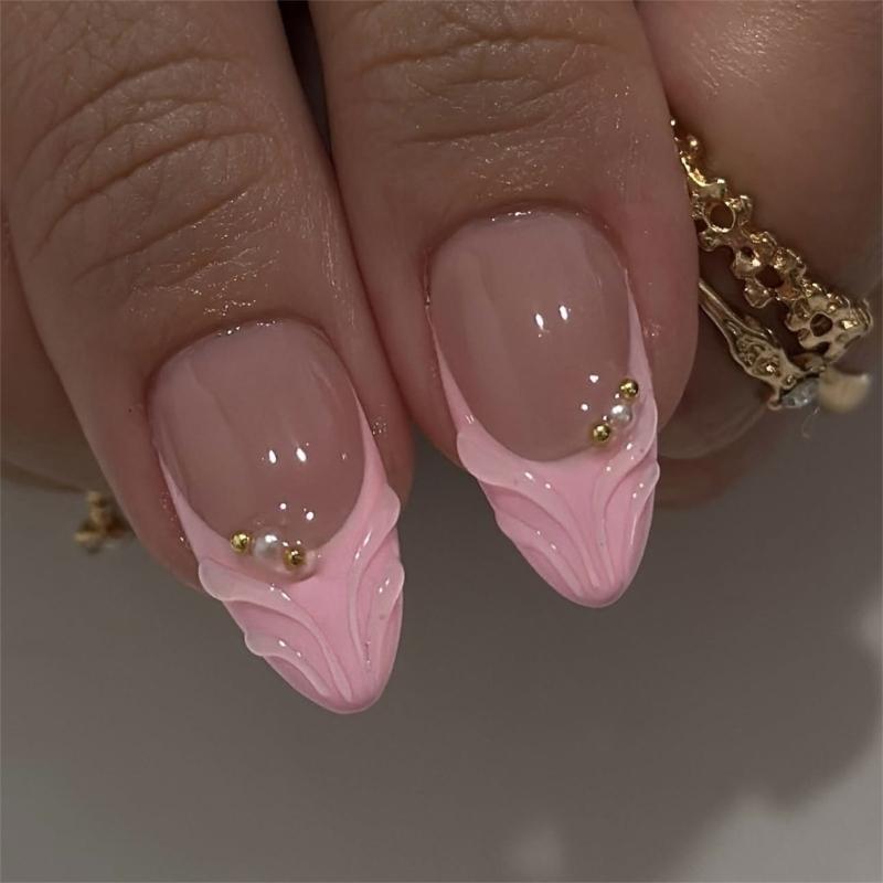 3D Embossed Floral False Nail Pink Flower Pattern Press On Nail Instantly Application Wedding Banquet Elegant Manicure