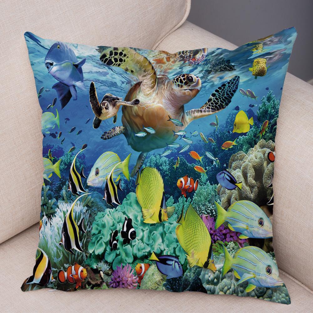 Marine Turtle Dolphins Shark Cushion Cover Short Plush Decor Colorful Ocean Animal Pillowcase Pillow Case for Sofa Home Car