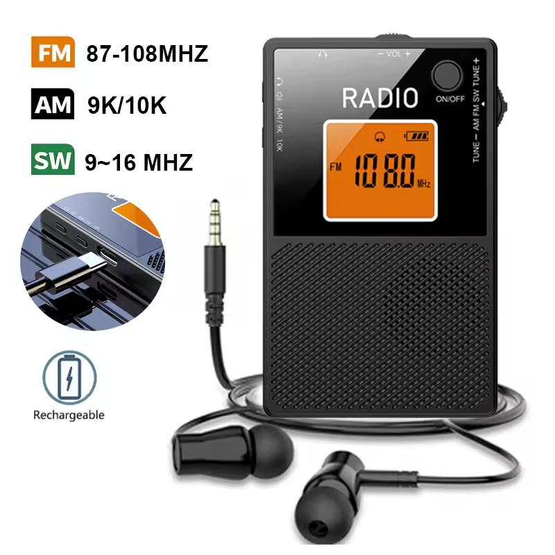 Portable Radio Mini Pocket AM FM SW Radio Type-C Charging Stereo Digital Radio Receiver LCD Display Speaker with 3.5mm Earphones