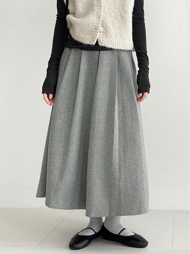 LUXI Women's Autumn Wool A-Line Korean Pleated High-Waist Midi Skirt