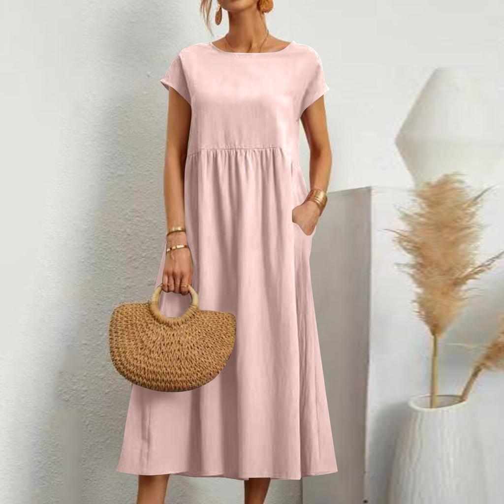 Abito da donna colorato a maniche corte, ampio, in cotone e lino, con tasche