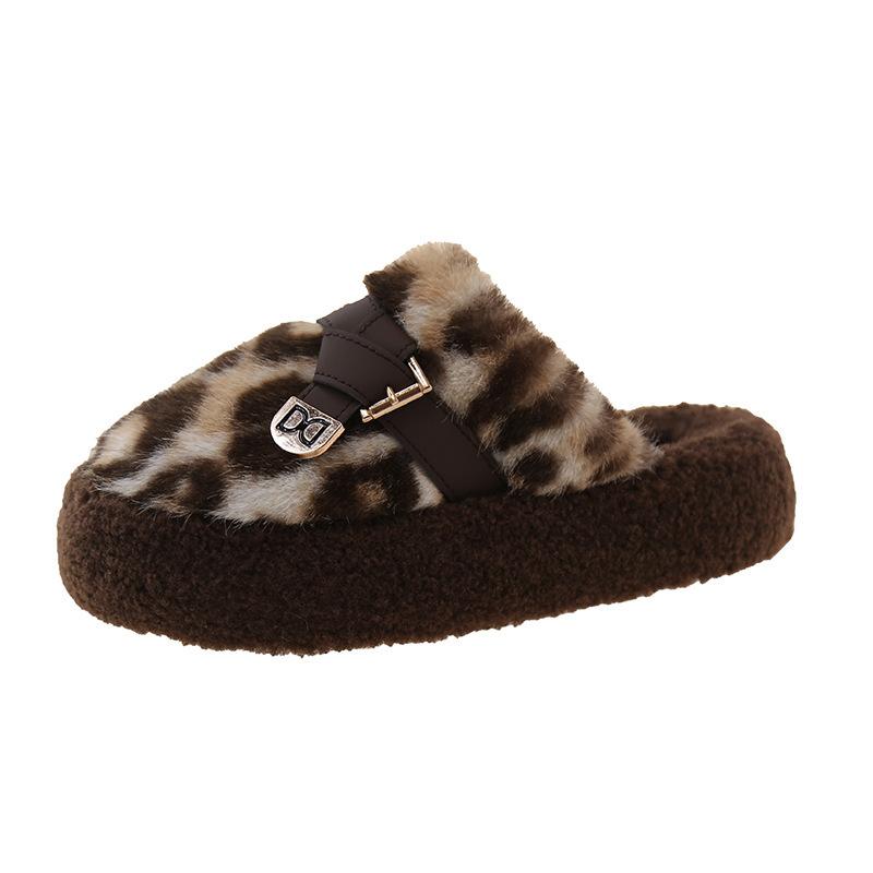 Autumn and winter new leopard print hair slippers women's winter warm thick bottom bag head hair slippers home wear cotton drag women