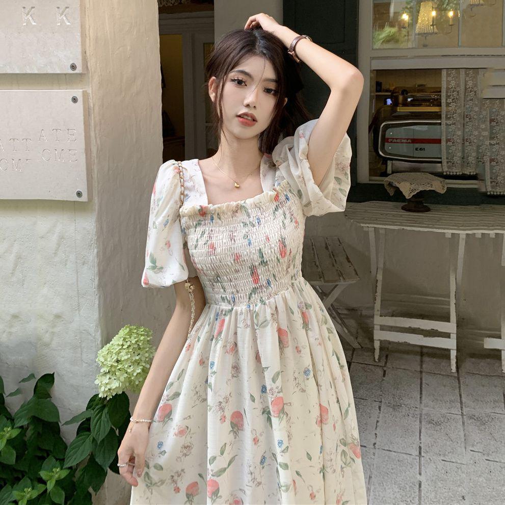 

Plus Size Floral Square Neck A-Line Dress for Students - Mid-Length, Waist-Cinched, Gentle Style 2XL