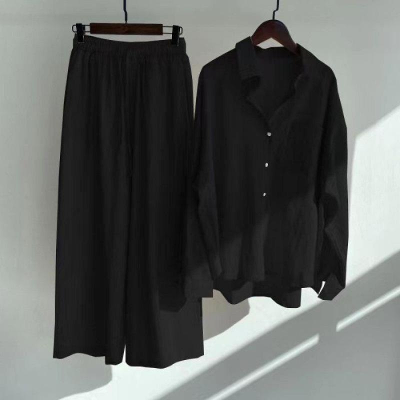 Spring Fashion Plus Size Women's Two-Piece Set: Cotton Linen Shirt & High-Waisted Loose Trousers