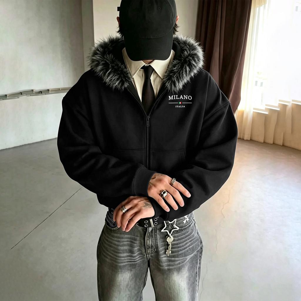 Cardigan Invernale Spesso con Cappuccio Bordato in Pelliccia, Vestibilità Oversize, Spalle Cadenti, Fondo a Costine – Un Capo d'Abbigliamento Esterno Trendy e Versatile