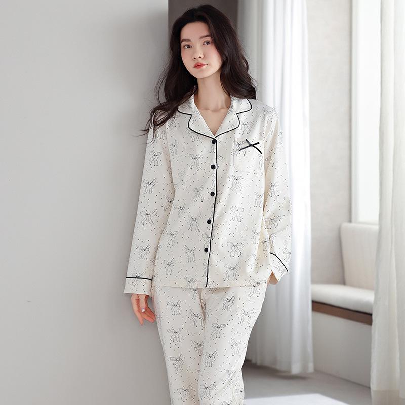 Women's Pure Cotton Long Sleeve Pajama Set - Casual Two-Piece with Simple Print for Home or Outwear