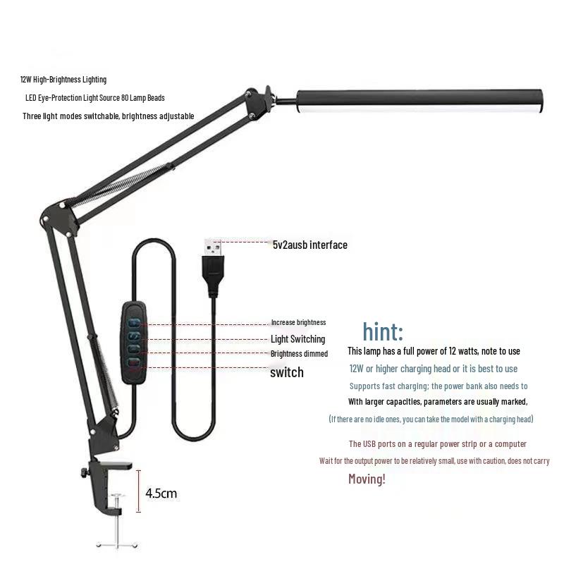 LED Folding Long Arm 12V Clip-on Eye Protection Desk Lamp with USB