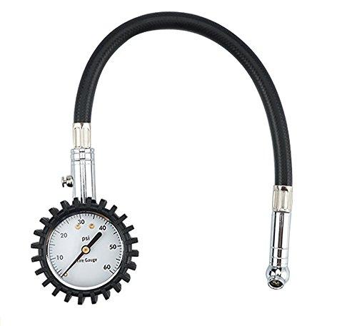 

NUZAMAS Premium Tire Pressure Gauge with Flexible Hose Chuck for Heavy Duty Car & Bike - 60 PSI, Compact Size, Lightweight with Discharge Valve