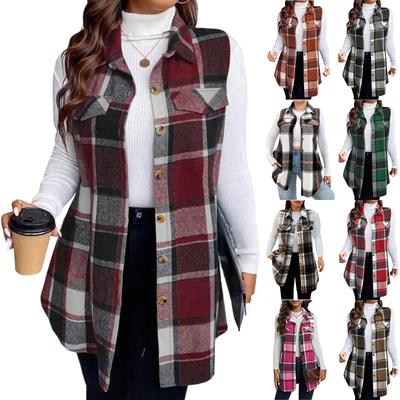 Women's Fashion Plus Size Brushed Plaid Collar Mid-Length Sleeveless Vest Jacket