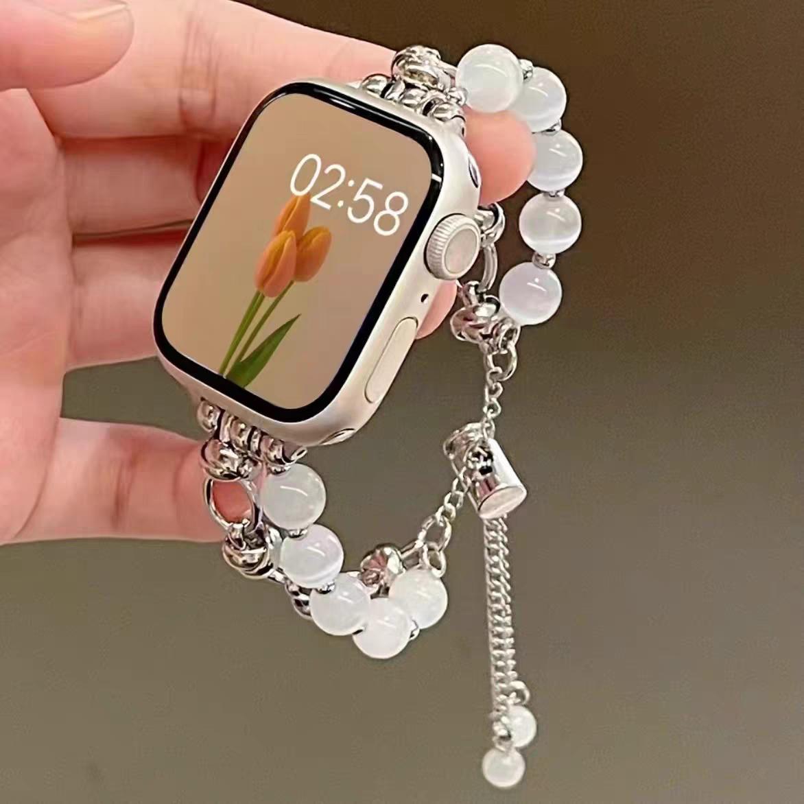 

Beads Metal Link Strap For Apple Watch Band For Women 38mm 40mm 41mm 42mm 44mm 45mm 46mm 49mm 38mm40mm41mm 42mmS10 серебряный