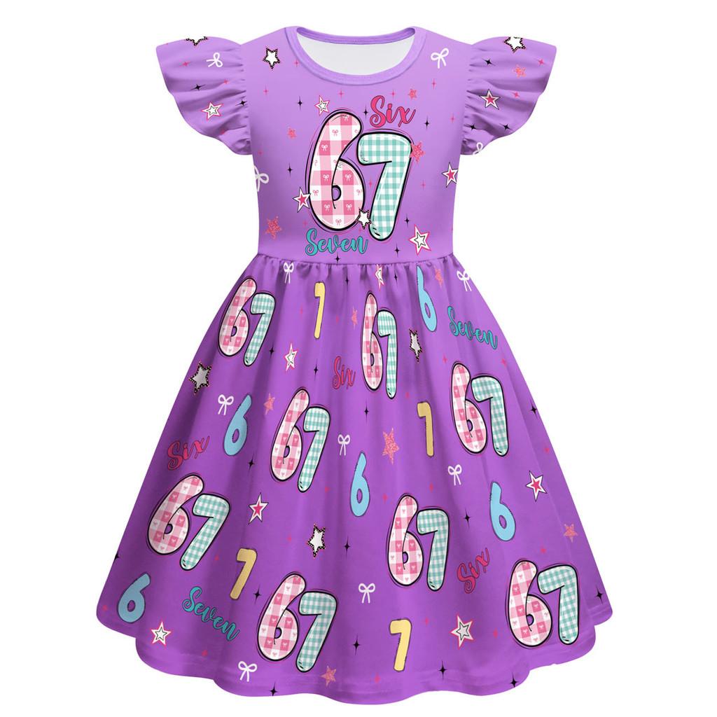 82837 Kinder Mädchen Steal a Brainrot 67 Six Seven Print Rüschen Ärmellos Prinzessinkleid