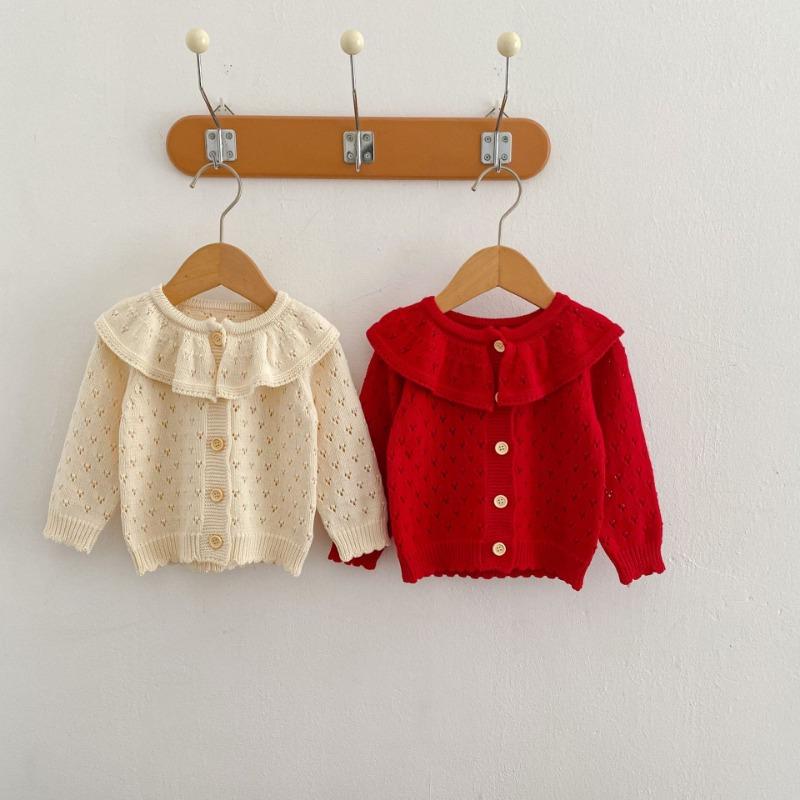 Autumn and Winter Baby Girl Knitted Cardigan Lotus Collar Hollow Long Sleeve Sweater Coat