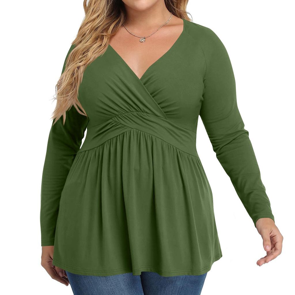 Cămașă de damă plus size cu mânecă lungă, top cu imprimeu plisat casual cu gât în V