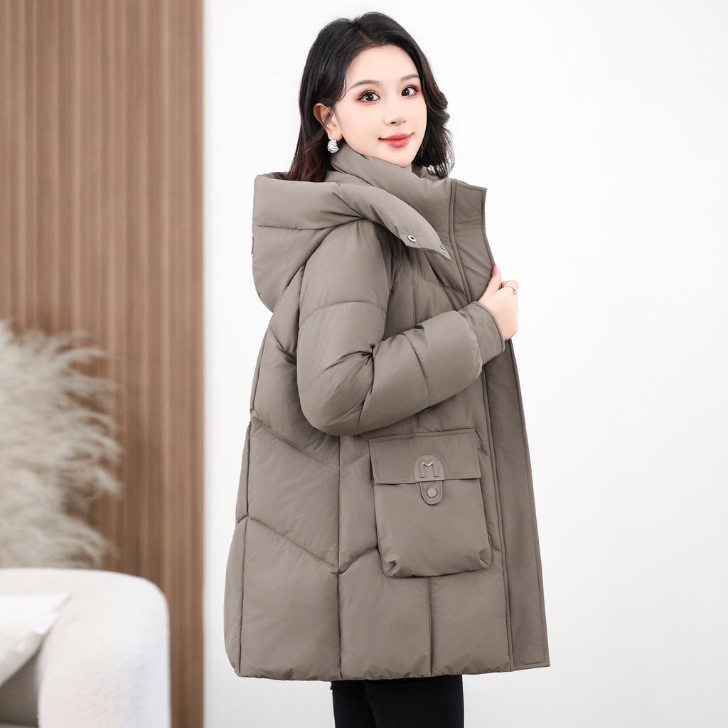 Removable Hat Winter New Women's Medium and Long Cotton Clothes Thickened Loose Warm Middle-aged and Elderly Cotton-padded Clothes Cotton-padded Jacke