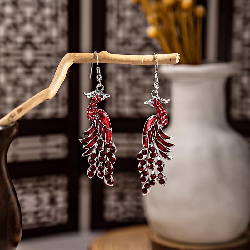 Cloisonné Peacock Earrings: Imitation Miao Silver Totem with Phoenix Bell Pendant for Women